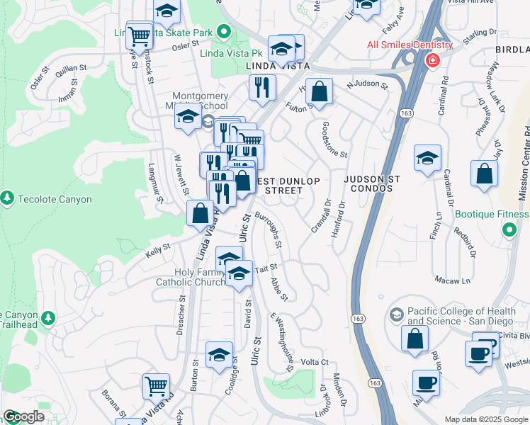 map of restaurants, bars, coffee shops, grocery stores, and more near 2201 Burroughs Street in San Diego