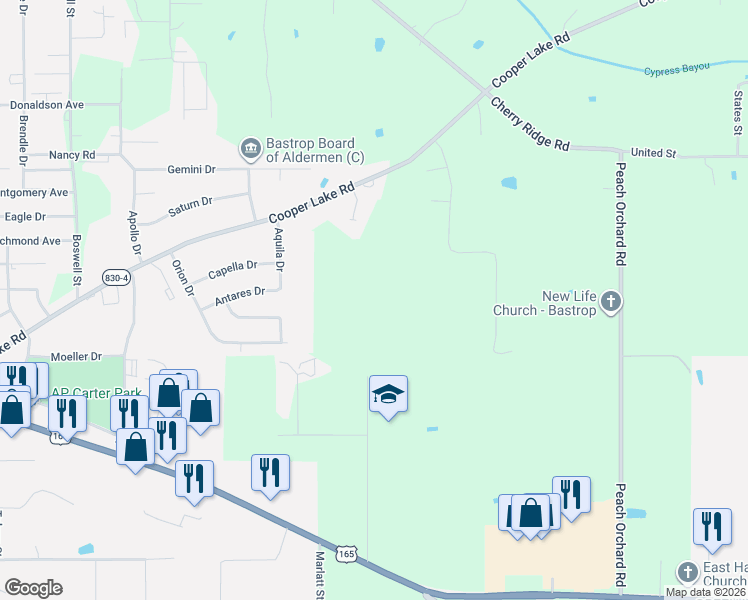 map of restaurants, bars, coffee shops, grocery stores, and more near in Bastrop