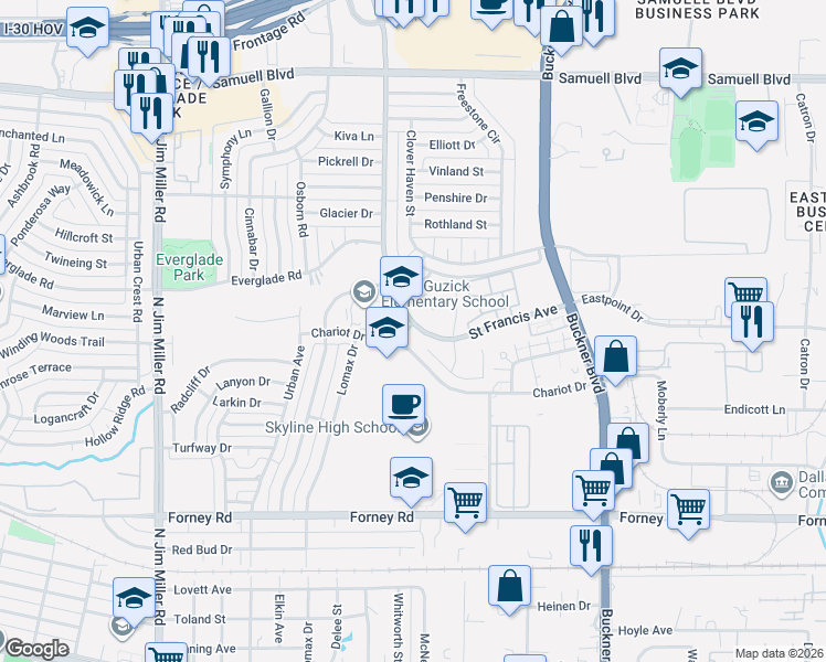 map of restaurants, bars, coffee shops, grocery stores, and more near 4567 Saint Francis Avenue in Dallas