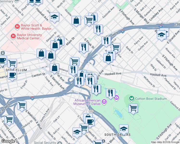 map of restaurants, bars, coffee shops, grocery stores, and more near 4130 Commerce Street in Dallas