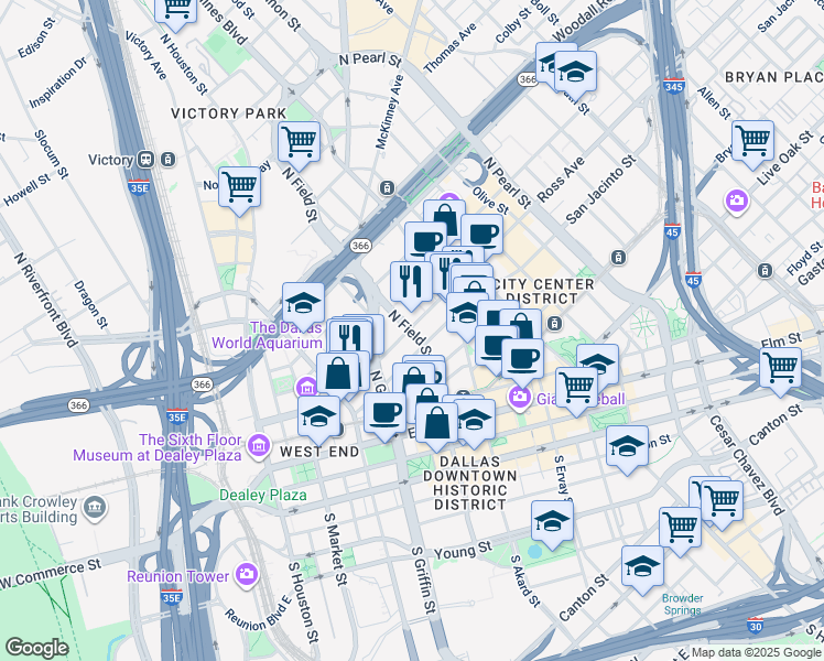 map of restaurants, bars, coffee shops, grocery stores, and more near 1445 Ross Avenue in Dallas