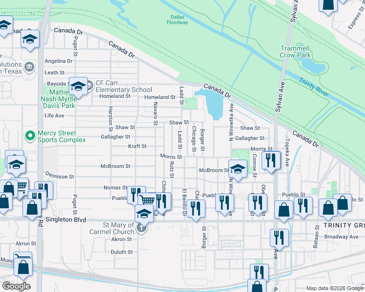 map of restaurants, bars, coffee shops, grocery stores, and more near 3423 Ladd Street in Dallas