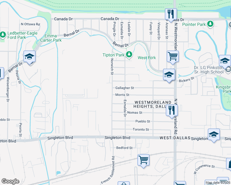 map of restaurants, bars, coffee shops, grocery stores, and more near 3727 Morris Street in Dallas