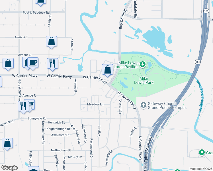map of restaurants, bars, coffee shops, grocery stores, and more near 2201 Meadow Lake Drive in Grand Prairie