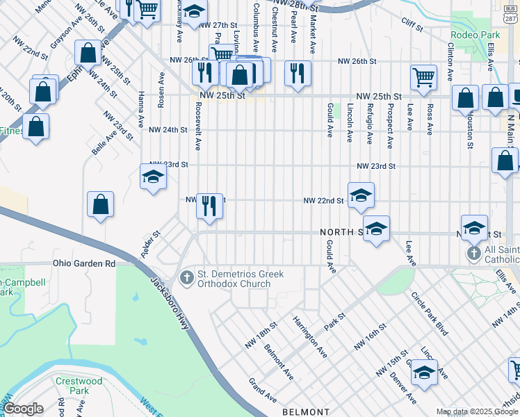 map of restaurants, bars, coffee shops, grocery stores, and more near 2117 Columbus Avenue in Fort Worth
