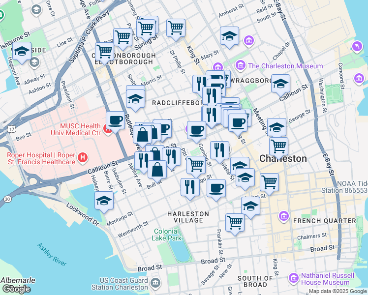 map of restaurants, bars, coffee shops, grocery stores, and more near 60 Pitt Street in Charleston