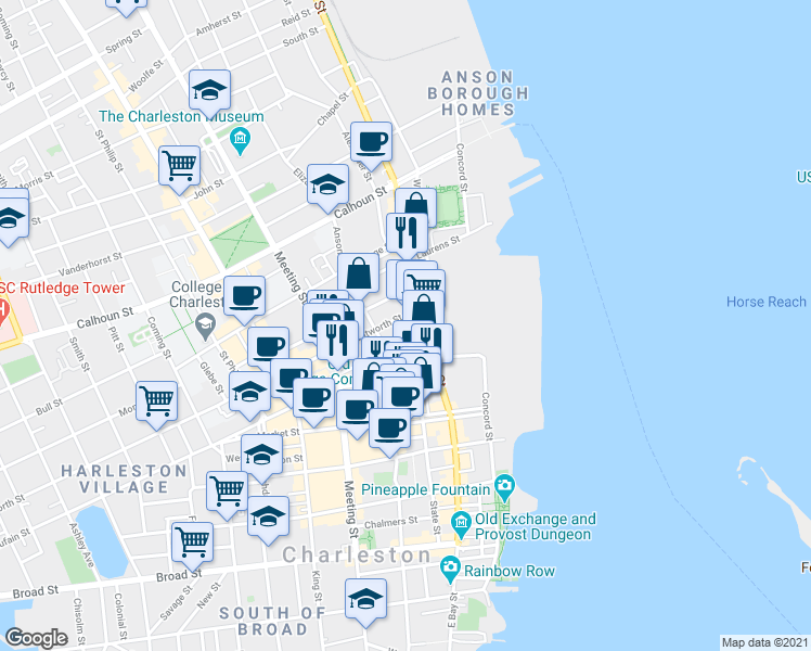 map of restaurants, bars, coffee shops, grocery stores, and more near 287 East Bay Street in Charleston