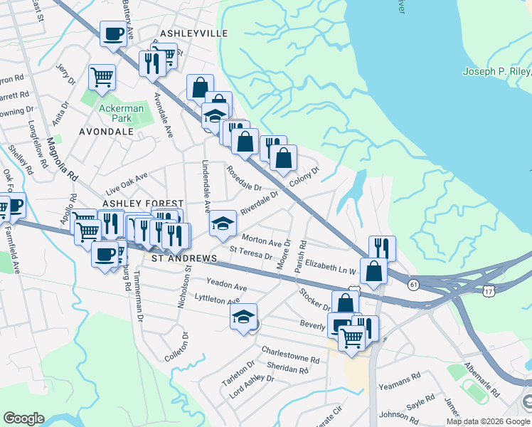 map of restaurants, bars, coffee shops, grocery stores, and more near 30 Moore Drive in Charleston