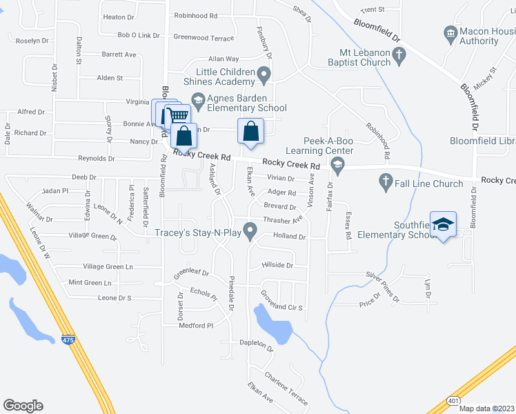 map of restaurants, bars, coffee shops, grocery stores, and more near 2480 Brevard Drive in Macon