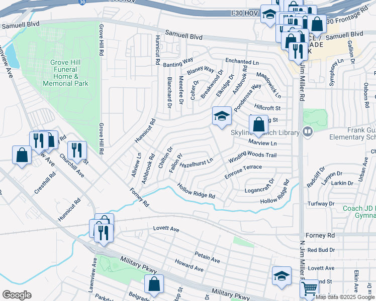 map of restaurants, bars, coffee shops, grocery stores, and more near 4837 Fallon Place in Dallas