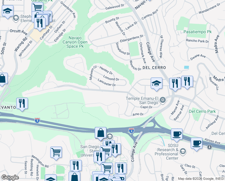 map of restaurants, bars, coffee shops, grocery stores, and more near 5982 Breton Way in San Diego