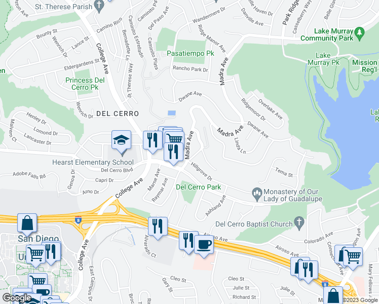 map of restaurants, bars, coffee shops, grocery stores, and more near 5771 Madra Avenue in San Diego