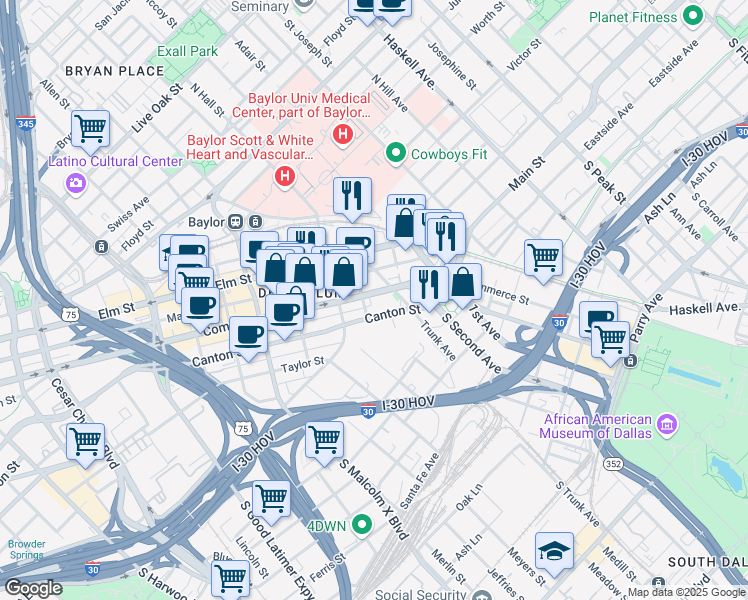 map of restaurants, bars, coffee shops, grocery stores, and more near 3208 Commerce Street in Dallas
