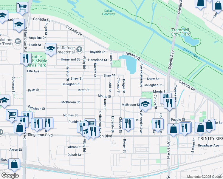 map of restaurants, bars, coffee shops, grocery stores, and more near 3423 Ladd Street in Dallas