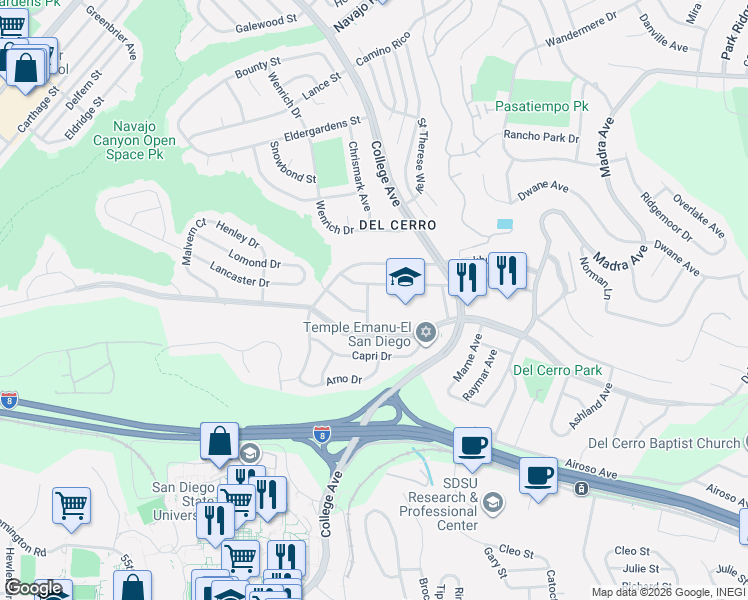 map of restaurants, bars, coffee shops, grocery stores, and more near 5771 Theta Place in San Diego