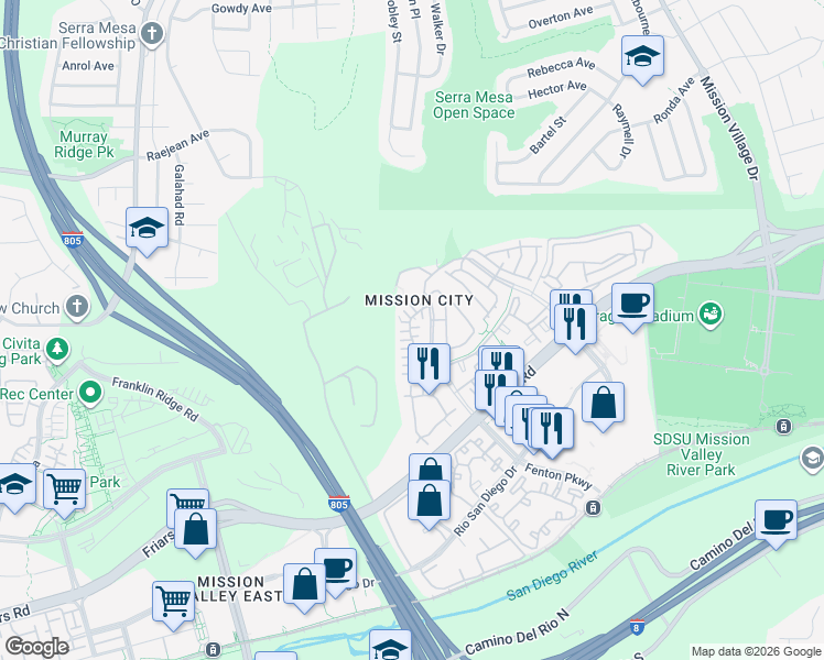 map of restaurants, bars, coffee shops, grocery stores, and more near 2816 Villas Way in San Diego