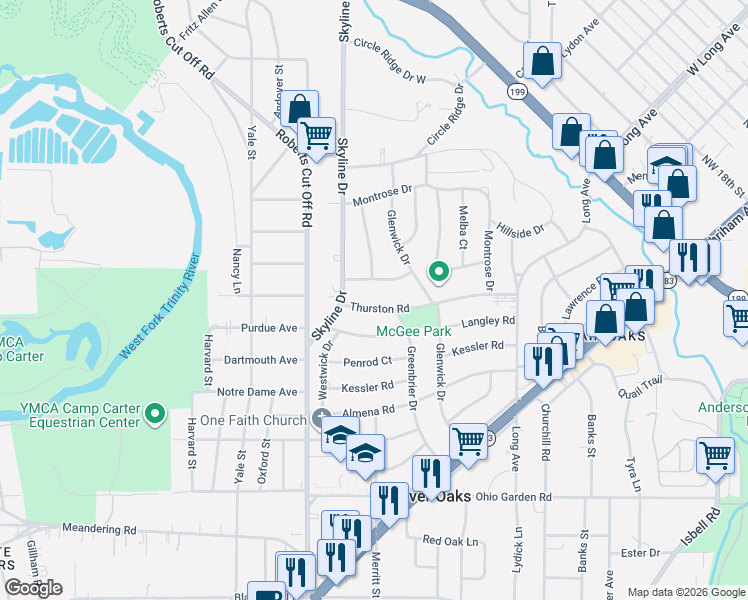 map of restaurants, bars, coffee shops, grocery stores, and more near 5004 Thurston Road in River Oaks
