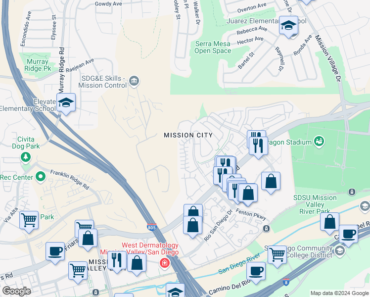 map of restaurants, bars, coffee shops, grocery stores, and more near 2932 Villas Way in San Diego