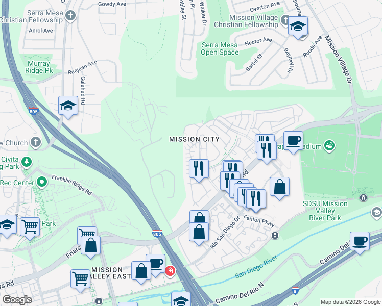 map of restaurants, bars, coffee shops, grocery stores, and more near 2701 Villas Way in San Diego