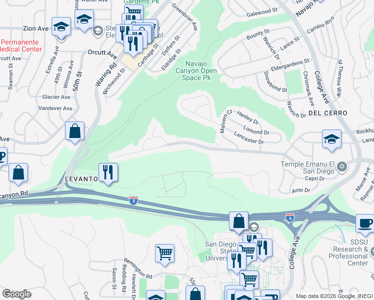 map of restaurants, bars, coffee shops, grocery stores, and more near 5681 Del Cerro Boulevard in San Diego
