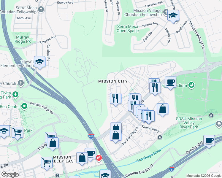 map of restaurants, bars, coffee shops, grocery stores, and more near 2932 Villas Way in San Diego