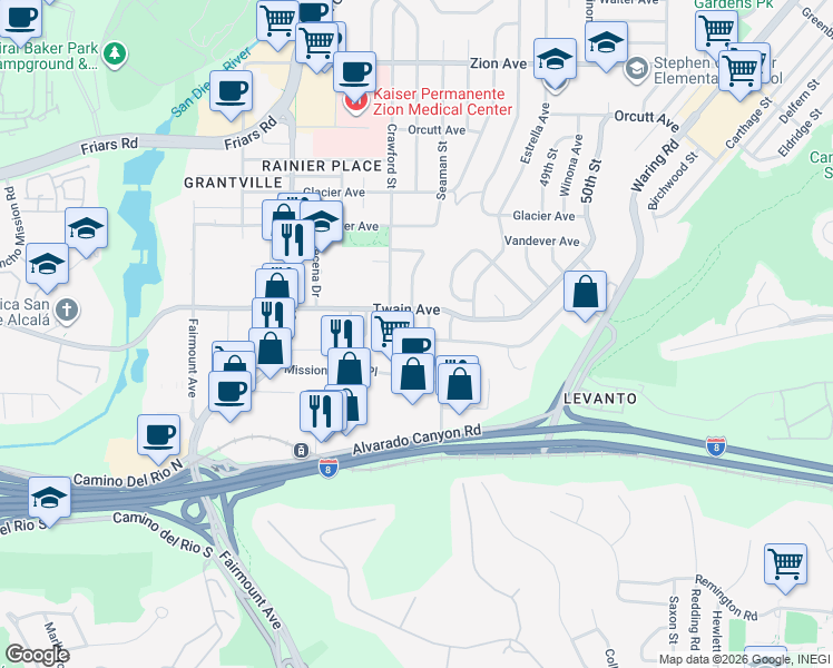 map of restaurants, bars, coffee shops, grocery stores, and more near 6053 Mohler Street in San Diego