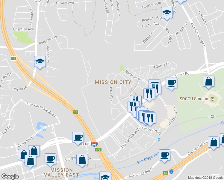 map of restaurants, bars, coffee shops, grocery stores, and more near 2816 Villas Way in San Diego