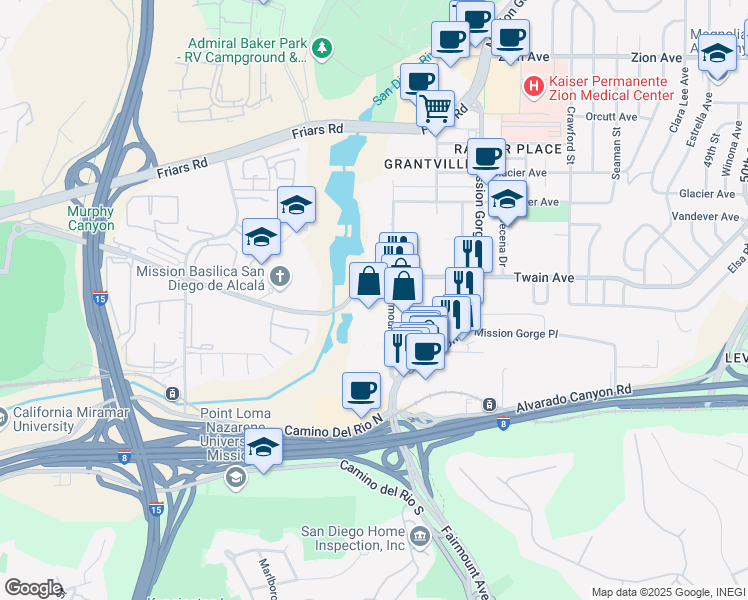 map of restaurants, bars, coffee shops, grocery stores, and more near 10969 San Diego Mission Road in San Diego