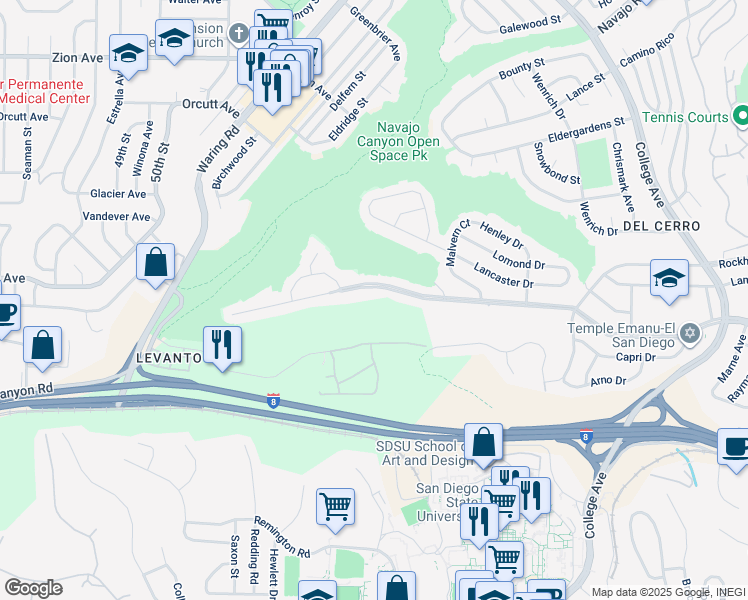 map of restaurants, bars, coffee shops, grocery stores, and more near 5703 Del Cerro Boulevard in San Diego