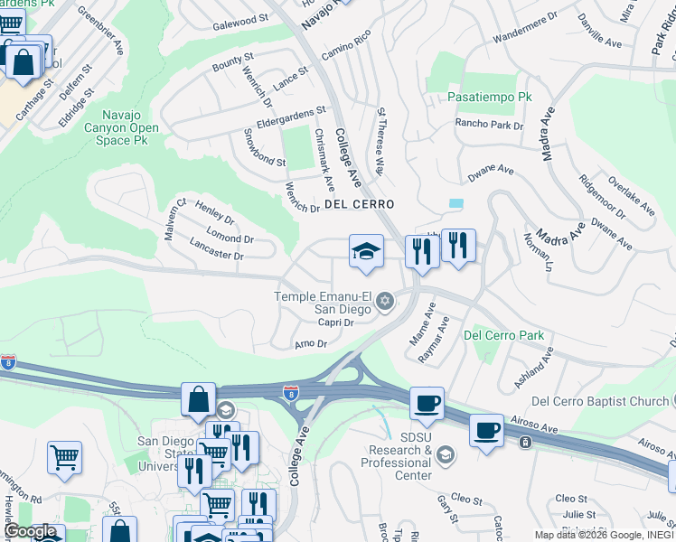 map of restaurants, bars, coffee shops, grocery stores, and more near 5771 Theta Place in San Diego