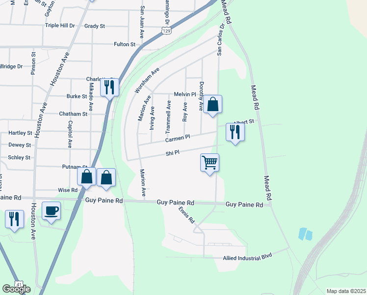 map of restaurants, bars, coffee shops, grocery stores, and more near 603 Shi Place in Macon