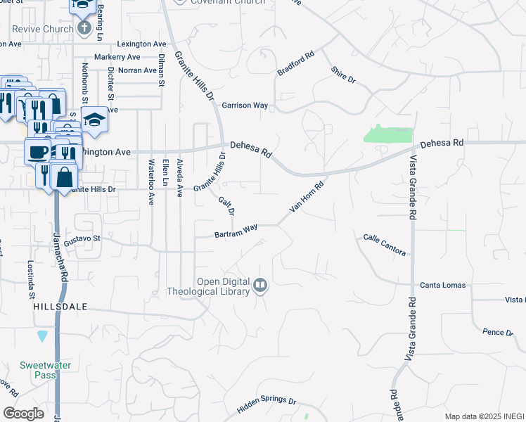 map of restaurants, bars, coffee shops, grocery stores, and more near 1658 Bartram Way in El Cajon