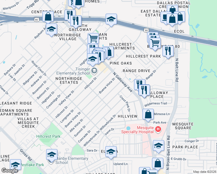 map of restaurants, bars, coffee shops, grocery stores, and more near 1734 Buena Vista Street in Mesquite