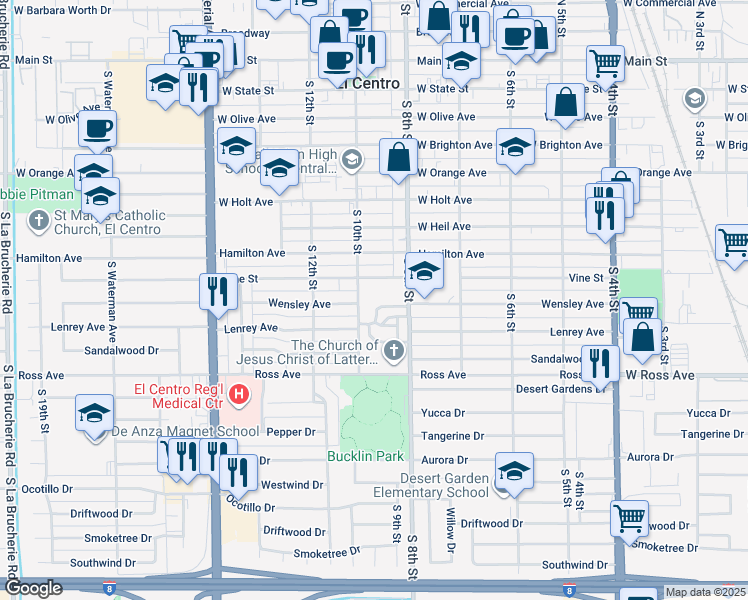 map of restaurants, bars, coffee shops, grocery stores, and more near 1014 South 9th Street in El Centro