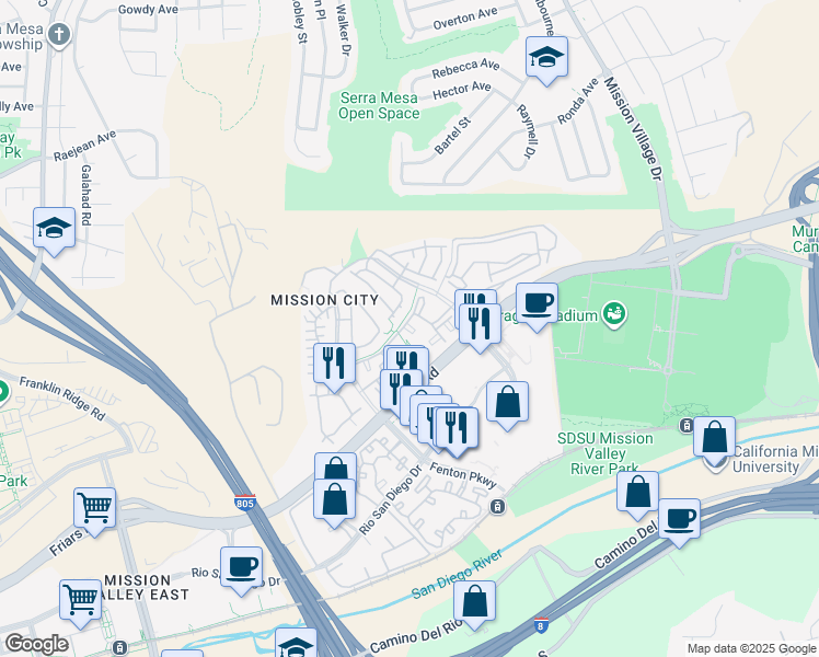 map of restaurants, bars, coffee shops, grocery stores, and more near 2560 Northside Drive in San Diego