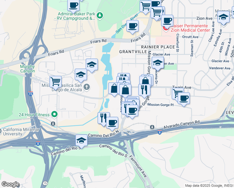 map of restaurants, bars, coffee shops, grocery stores, and more near 10969 San Diego Mission Road in San Diego
