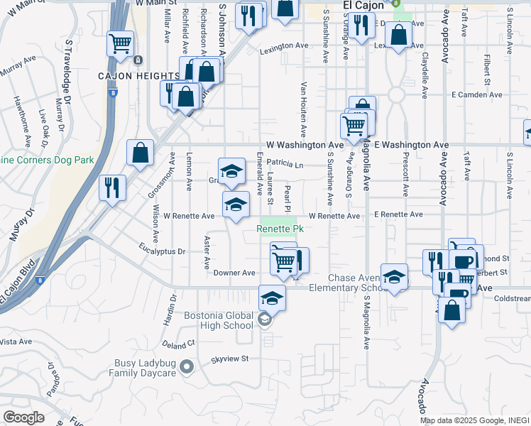 map of restaurants, bars, coffee shops, grocery stores, and more near 878 Lauree Street in El Cajon
