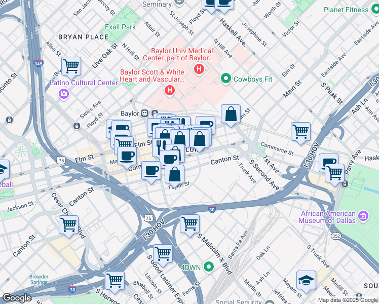 map of restaurants, bars, coffee shops, grocery stores, and more near 3124 Commerce Street in Dallas