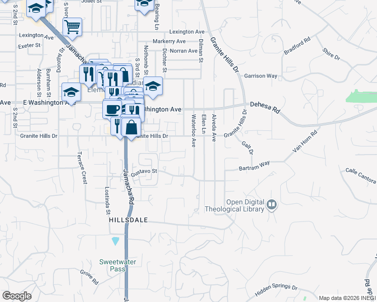 map of restaurants, bars, coffee shops, grocery stores, and more near 889 Waterloo Avenue in El Cajon