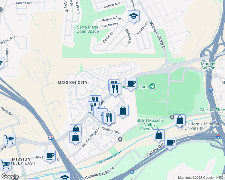 map of restaurants, bars, coffee shops, grocery stores, and more near 2375 Northside Drive in San Diego