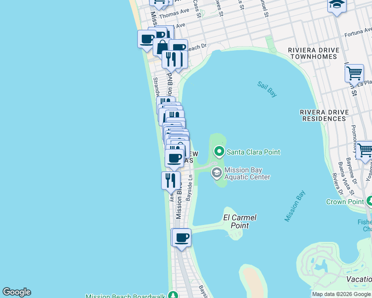 map of restaurants, bars, coffee shops, grocery stores, and more near 7150 Bayside Lane in San Diego