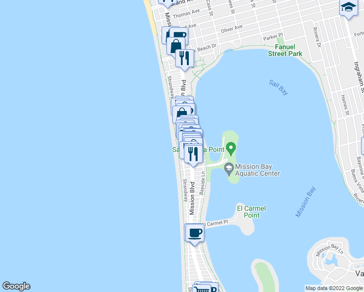 map of restaurants, bars, coffee shops, grocery stores, and more near in San Diego