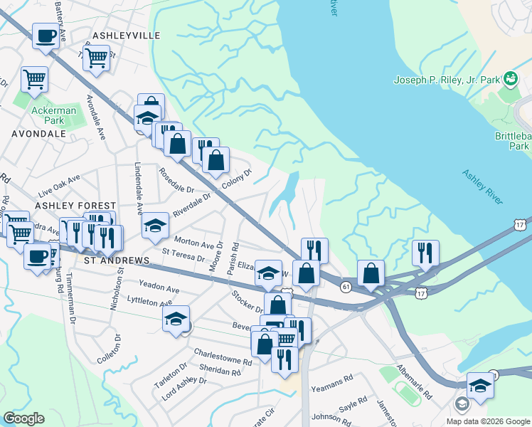 map of restaurants, bars, coffee shops, grocery stores, and more near 729 North Godfrey Park Place in Charleston
