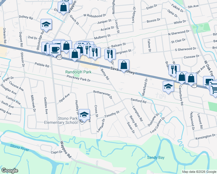 map of restaurants, bars, coffee shops, grocery stores, and more near 507 Betsy Road in Charleston