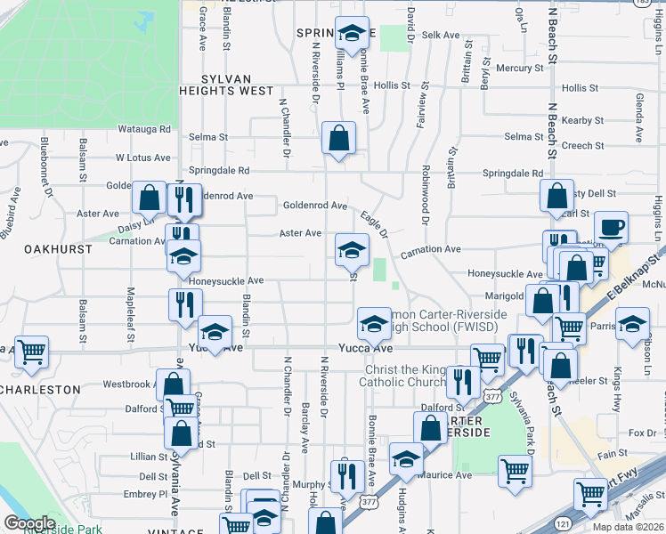 map of restaurants, bars, coffee shops, grocery stores, and more near 3117 Honeysuckle Avenue in Fort Worth