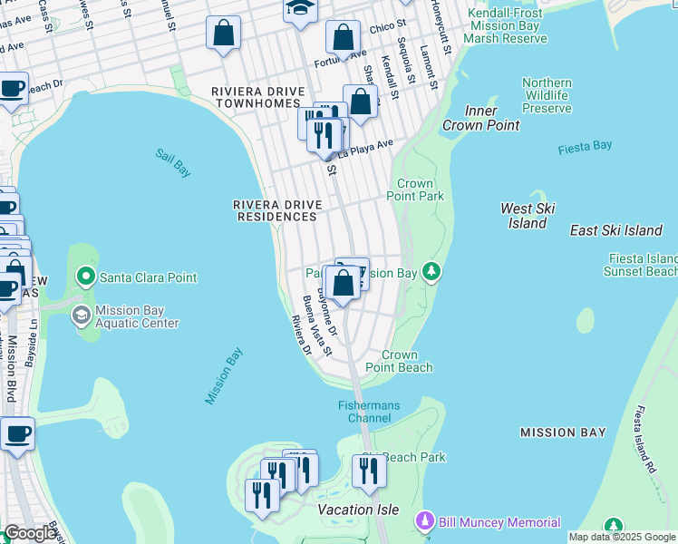 map of restaurants, bars, coffee shops, grocery stores, and more near 3555 Promontory Street in San Diego