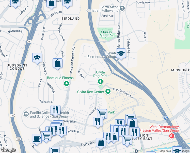 map of restaurants, bars, coffee shops, grocery stores, and more near 8355 Phyllis Place in San Diego