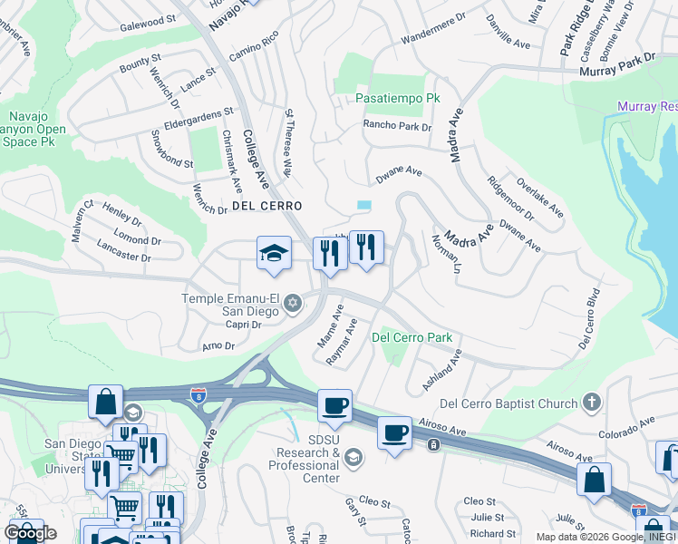 map of restaurants, bars, coffee shops, grocery stores, and more near 5757 College Avenue in San Diego