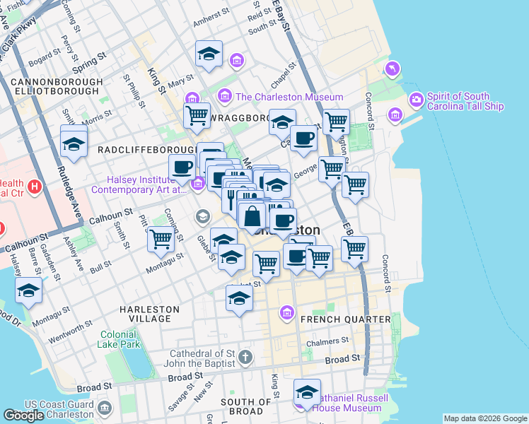 map of restaurants, bars, coffee shops, grocery stores, and more near 76 Society Street in Charleston