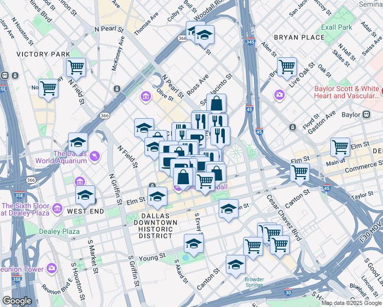 map of restaurants, bars, coffee shops, grocery stores, and more near 1999 Bryan Street in Dallas